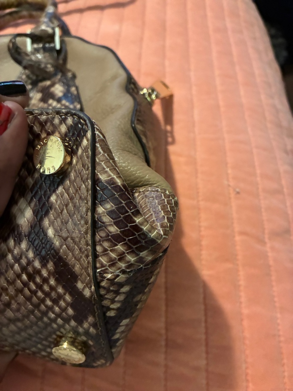 Michael Kors Olive Green Satchel with Snake-Print Trim - Picture 7 of 8